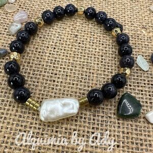 Blue sandstone Sunstone/Goldstone beaded bracelet/handmade/bohemian
